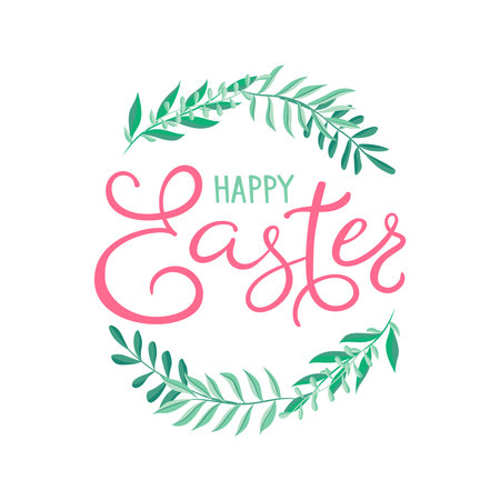 Happy Easter vector illustration. Trendy Easter design with typography, wreath and spring flowers in soft colors for banner, poster, greeting cardのイラスト素材