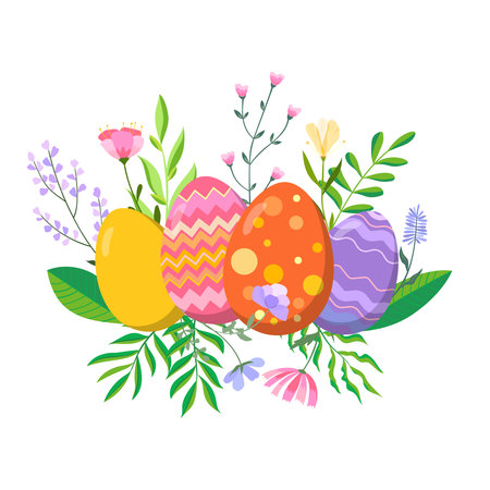 Happy Easter vector illustration on white background. Trendy Easter design with eggs and flowers in soft colors for banner, poster, greeting cardのイラスト素材