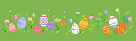 Happy Easter vector illustration on green background. Trendy Easter design with eggs and flowers in soft colors for banner, poster, greeting cardのイラスト素材