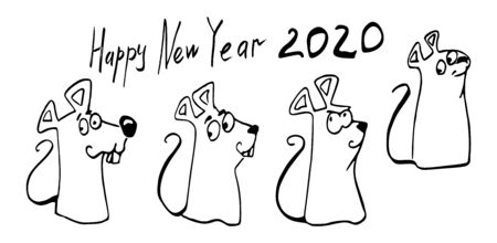 Symbols of New Year 2020 four little rats or mouse. Chinese Zodiac Sign Year of Rat. Happy new year 2020. Hand drawn new year greetings. Cartoon vector illustration isolated on a white backgroundのイラスト素材