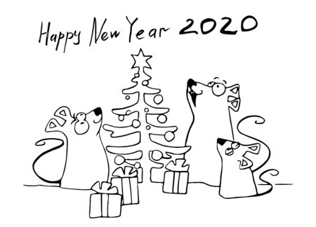 Symbol of the New Year 2020 rat. Mice celebrate the New Year under the Christmas tree with gifts. Chinese Zodiac Sign Year of the Rat. With text Happy New Year 2020. Hand drawn cartoon vector greeting.のイラスト素材