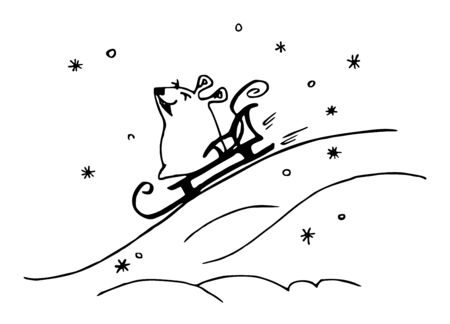 The symbol of the New Year 2020 is a rat. Mouse winter sledding down the hills. Hand-drawn New Year's greetings. Cartoon vector illustration isolated on white backgroundのイラスト素材