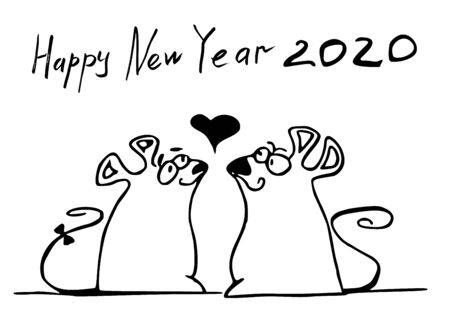Chinese Zodiac Symbols of New Year 2020 of the Rat. Loving mice celebrate the new year. With the text Happy New Year 2020. Hand drawn New Year greetings. Cartoon vector illustration.のイラスト素材