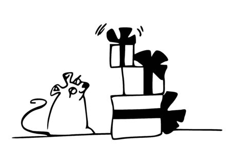 Symbol of the New Year 2020 rat. The mouse celebrate the New Year with gifts. Chinese Zodiac Sign Year of the Rat. Hand drawn cartoon vector greeting. Cartoon vector illustration on white backgroundのイラスト素材