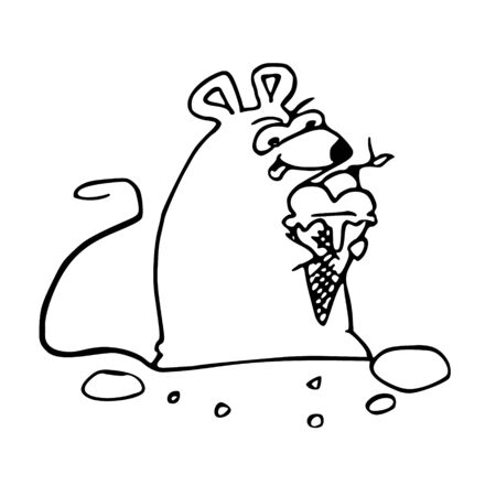 The symbol of the New Year 2020 is a rat. A happy mouse eats ice cream. Hand drawn New Years greetings. Cartoon vector illustration isolated on white backgroundのイラスト素材