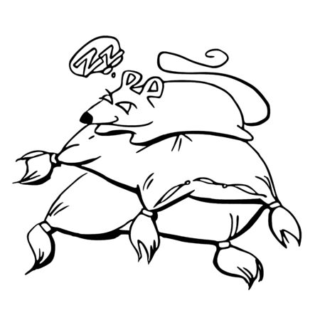 The symbol of the New Year 2020 is a rat. The mouse sleeps on soft pillows. Hand drawn New Years greetings. Cartoon vector illustration isolated on white backgroundのイラスト素材