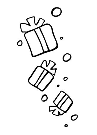 Three gift boxes.Hand drawn cartoon vector illustration on white background for greetings, flyers, bannersのイラスト素材