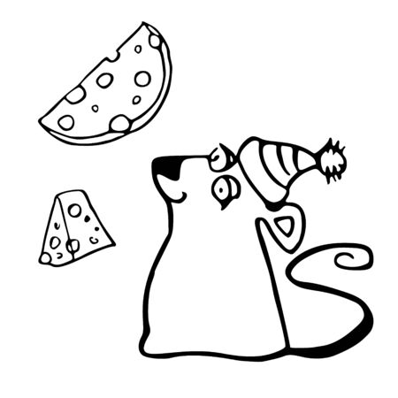 The symbol of the New Year 2020 is a rat. A happy mouse in a winter hat looks at the cheese. Hand drawn New Years greetings. Cartoon vector illustration isolated on white backgroundのイラスト素材