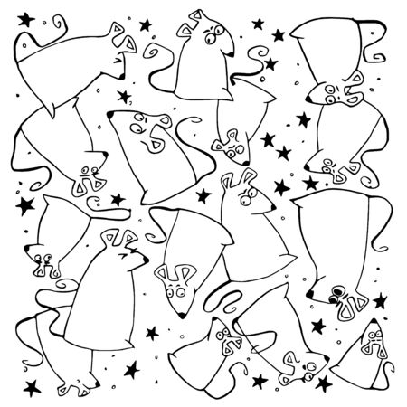 New year hand drawn background. Symbols of New Year 2020 rats or mouse . Chinese Zodiac Sign Year of Rat. Cartoon vector illustration on white background for greetings, flyers, bannersのイラスト素材