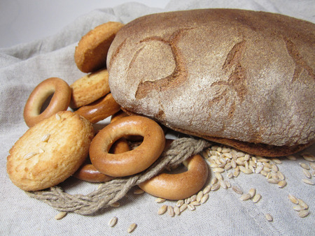 set bread and bakery products on the canvas backgroundの写真素材