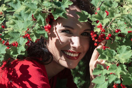 Beautiful smile, brunette with long hair, green eyes, in a red dress, red berries, currants, Sunny day. High quality photoの写真素材