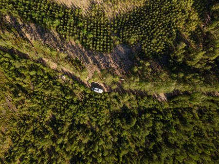 Photo from the air. The nature of Finland. Pine forest of Scandinavia. Summer . Sunny day. . High quality photoの写真素材
