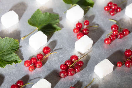 Red currant berries, green leaves and pieces of sugar, still life on a gray background. High quality photoの写真素材