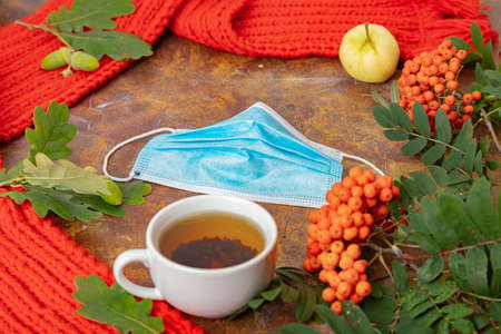Concept, hello autumn, protect yourself from coronavirus, pondemicの写真素材