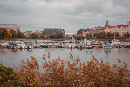 Helsinki, Uusimaa, Finland October 7, 2020 Autumn landscape Toolo Bay and Hakaniemi. High quality photoのeditorial素材