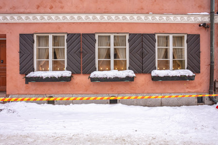Finland, Helsinki. January 26, 2021 Windows and facade of an old building in Helsinki. close-up. High quality photoのeditorial素材