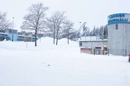 Lahti, Finland, February 14, 2021 Ski, sports stadium springboards. Winter view. High quality photoのeditorial素材