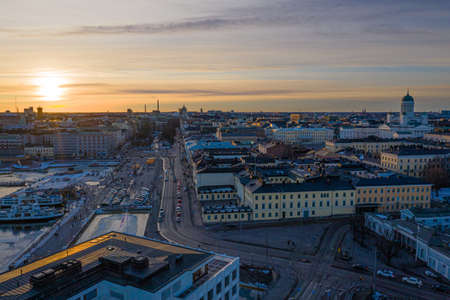Finland, Helsinki. February 27. Sunny evening, sunset over the Baltic Sea. Scandinavia. View of the...