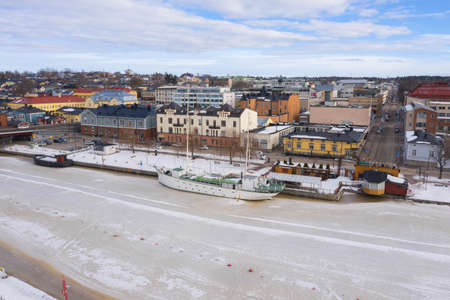 Finland .Porvoo. March 3, 2021. View of the Porvoonjoki river and the city center in winter. Sunny day. Photo from the drone. A high resolution.のeditorial素材