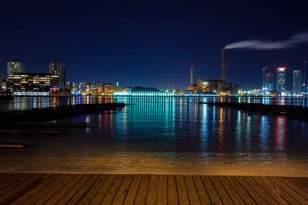Finland, Helsinki March 3, 2021 Night landscape view of Hanasaari Coal-fired cogeneration power...