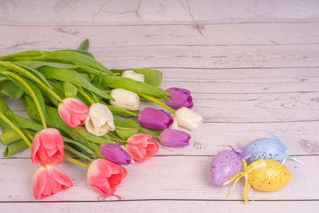 Bouquet of flowers. Tulips close-up. Various colors. Easter eggs, Postcard, Spring and Easter greetings ERの写真素材