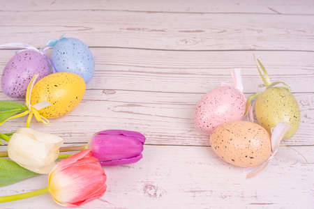 Bouquet of flowers. Tulips close-up. Various colors. Easter eggs, Postcard, Spring and Easter greetings ERの写真素材