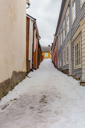 Porvoo, Finland, March 3, 2021. Ancient streets and wooden houses. Scandinavian European architectureのeditorial素材