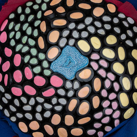 Edible bouquet of liquorice sweets. View from the top.