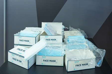 Finland. Helsinki April 13, 2021 Medical masks are distributed free of charge in the store at the entranceのeditorial素材