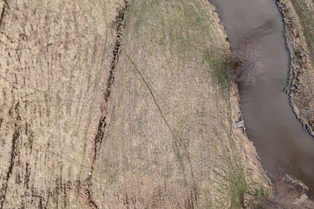 Bends of the river, the bed of a small river. Photo from a drone. Finland. Scandinavian nature in...