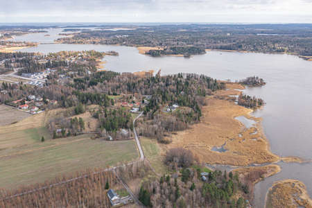 Bay coastline, Espoo area. Photo from a drone. Finland. Scandinavian nature in early spring. There is a lot of yellow cane on the shore.の写真素材