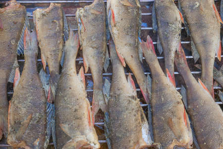 Smoked bass, small fish, on a baking sheet. View from above