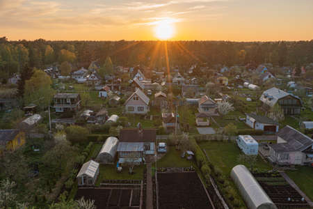 Estonia. Narva. May 16, 2021. Suburban areas. Sunset View from the top with a droneのeditorial素材
