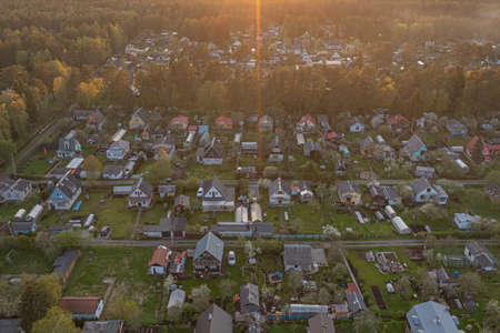 Estonia. Narva. May 16, 2021. Suburban areas. Sunset View from the top with a droneのeditorial素材