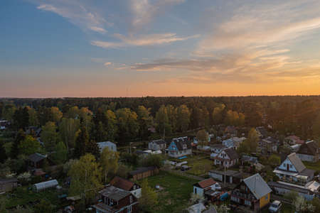 Estonia. Narva. May 16, 2021. Suburban areas. Sunset View from the top with a droneのeditorial素材