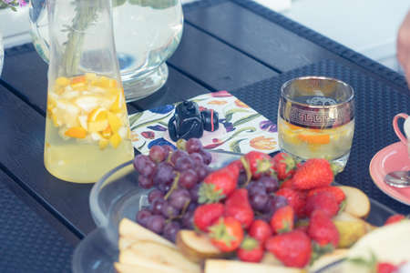 Festive table, served. Cake and tea utensils Congratulation concept. Birthday