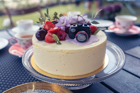 Festive table, served. Cake and tea utensils Congratulation concept. Birthdayの写真素材