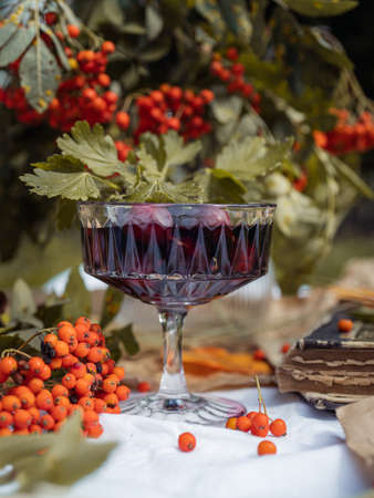Still life with a glass of red wine, gooseberries and mountain ash. Autumn mood concept.