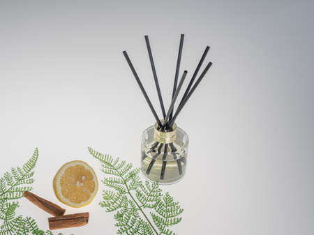 Green fern leaves, lemon and cinnamon bark, eau de toilette with chopsticks. There is a place for the test. The concept of freshness, clean air. Ecologyの写真素材