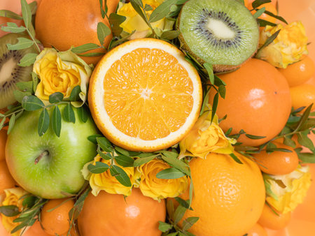 Edible bouquet with tangerines and green apples.の写真素材