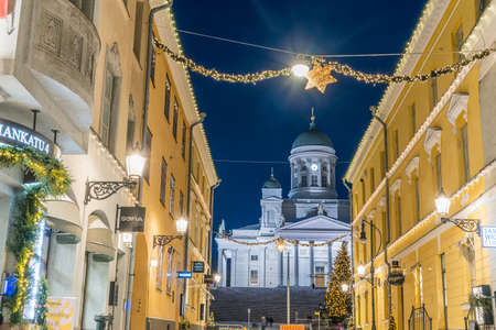Helsinki. Finland. December 24, 2021. City center, street lights. Christmas holiday.のeditorial素材