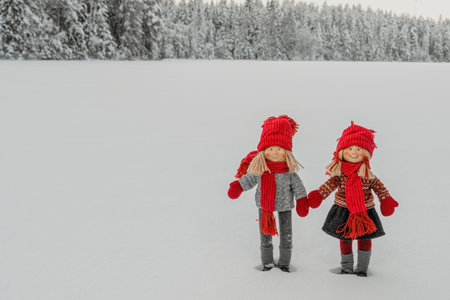 Two dolls, figures of a boy and a girl on the background of the winter forest. Friendship concept. Nature walkの写真素材