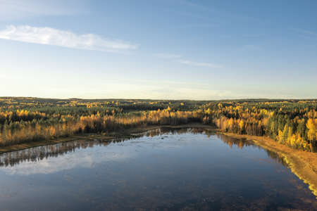 Finland view from the top of the coastline to the sea. Landscape from a drone on an autumn sunny...