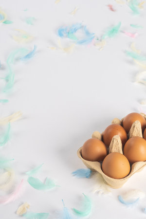 brown eggs in a box, on a white background, decorated with colored feathers. There is space for text. Top view Easter conceptの写真素材