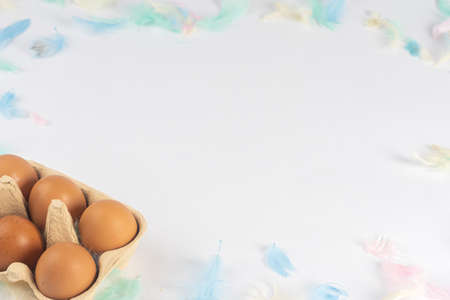 brown eggs in a box, on a white background, decorated with colored feathers. There is space for...
