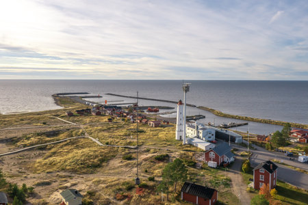 Finland, Hailuoto September 26, 2021. Moyak and fishing village Road, view from the top to the coastline. Landscape from a drone on an autumn sunny day. Nature and landscape of Scandinaviaのeditorial素材