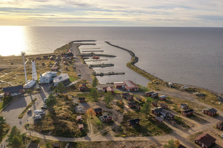 Finland, Hailuoto September 26, 2021. Moyak and fishing village Road, view from the top to the coastline. Landscape from a drone on an autumn sunny day. Nature and landscape of Scandinaviaのeditorial素材
