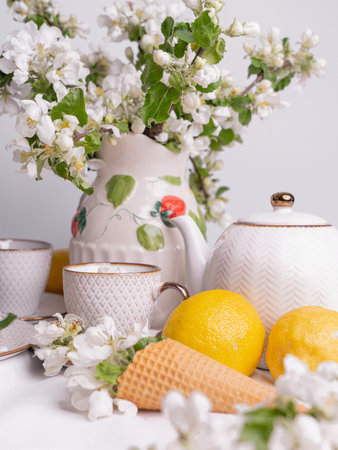 White tea set with tea in cups with yellow lemons and a blossoming apple branch. There are waffle cones on a saucer.の写真素材