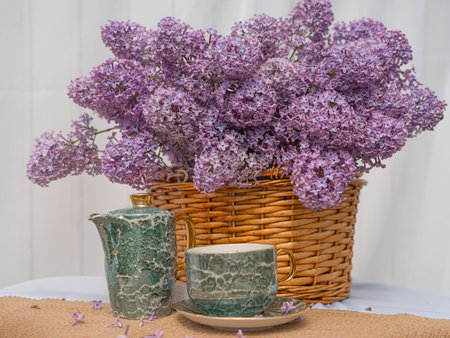 A bouquet of lilacs, white viburnum in a basket on a table in the garden, white backgroundの写真素材