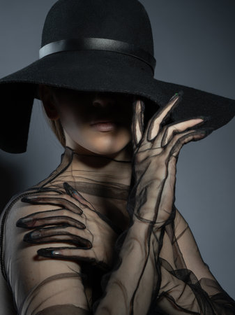 Fashion portrait of a young girl in a black bra and transparent top. Felt black hat. Model posing, faces not visible photo in studio.の写真素材